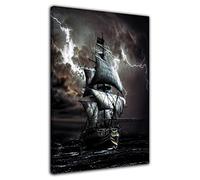 HOPNRU Stormy Sea Pirate Ship Black Sailboat Poster Wall Art Picture Print Canvas Painting Modern Home Living Room Decor Poster (24x36inch(60x90cm),Framed)