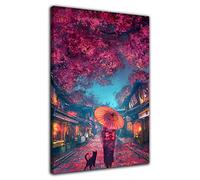 HOPNRU Street Geisha Girl and Dog Wall Art Picture Japanese Red Leaf Street View Poster Print Canvas Painting Modern Home Bedroom Bathroom Decor (12x18inch(30x45cm),Framed)