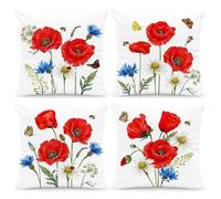 Hopomoon 4 Pack Red Poppy Cushion Covers 45x45 cm, Spring Summer Vintage Wildflower Pillowcases, Rustic Farmhouse Floral Velvet Throw Pillow Covers for Indoor Outdoor Sofa Living Room Paito Decor