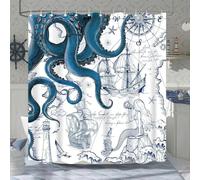 Hopomoon Blue Nautical Octopus Shower Curtain 200 x 180 cm,Waterproof and Moisture-Proof Funny Ocean Kraken Nautical Style Bathroom Curtain with 12 Hooks
