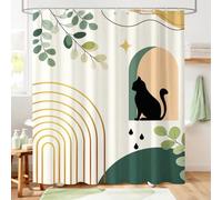 Hopomoon Boho Black Cat Shower Curtain for Bathroom Decor, Mid Century Modern Abstract Botanical Leaves Sage Green Mustard Yellow Geometric Sun Rainbow Bath Curtains with 12 Hooks, 180 x 180 cm