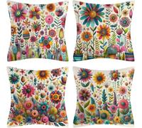 Hopomoon Colorful Wildflowers Cushion Covers 50x50cm Set of 4,Boho Floral Decorative Throw Pillow Cases, White Linen Pillowcases for Sofa Living Room Bedroom