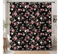 Hopomoon Dark Black Floral Shower Curtain,Vintage Rose and Peony Print Waterproof Polyester Fabric Bath Curtain,Spring Vintage Boho Bathroom Decor with 12 Hooks 180x180 cm