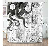 Hopomoon Gray Nautical Octopus Mermaid Shower Curtain, Waterproof Polyester Bath Curtain, Vintage Pirate Map Print Decorative Shower Curtain with 12 Hooks,180x180 cm