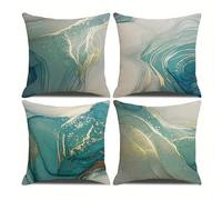 Hopomoon Marble Green Gold Cushion Covers Set of 4,Luxury Abstract Texture Turquoise Decorative Square Linen Pillow Case for Couch Sofa,45 X 45 cm