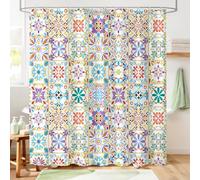 Hopomoon Moroccan Shower Curtain 180 x 180 cm,Multi Coloured Mosaic Mandala Geometric Patchwork Bath Curtain,Moroccan Talavera Style Art Bathroom Decor with 12 Hooks