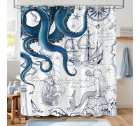 Hopomoon Octopus Themed Shower Curtain - Retro Nautical Style Waterproof and Moisture-Proof Bathroom Curtain with Privacy Divider in Green, 180 x 180 cm
