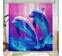 Hopomoon Pink Blue Dolphin Shower Curtain, Waterproof Polyester Bath Curtain, Vibrant Ocean Print Decorative Shower Curtain with Hooks,200x180 cm