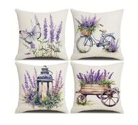 Hopomoon Purple Lavender Cushion Covers 45 x 45 cm Set of 4,Purple Floral Butterfly Bicycle Lantern Wagon White Linen Decorative Pillowcases,Spring Summer Home Farmhouse Decor for Sofa Couch Bed