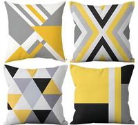 Hopomoon Set of 4 Decorative Cushion Covers 45x45cm, Yellow and Grey Geometric Pattern White Linen Pillow Cases for Living Room Sofa Bedroom, Modern Scandinavian Home Decor