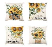 Hopomoon Set of 4 Throw Pillow Covers 45 x 45 cm, Floral Summer Print Decorative Pillow Cases for Sofa and Living Room - Sunflower & Botanical Design