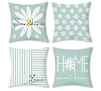 Hopomoon Spring Blue Daisy Cushion Covers Set of 4,Floral Daisy Striped Farmhouse Decorative Short Plush Fabric Square Pillowcase for Couch Sofa Indoor Home Decor,45 X 45 cm