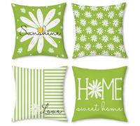Hopomoon Spring Green Daisy Cushion Covers Set of 4,Floral Daisy Striped Farmhouse Decorative Short Plush Fabric Square Pillowcase for Couch Sofa Indoor Home Decor,45 X 45 cm