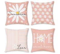 Hopomoon Spring Pink Daisy Cushion Covers Set of 4,Floral Daisy Striped Farmhouse Decorative Short Plush Fabric Square Pillowcase for Couch Sofa Indoor Home Decor,45 X 45 cm