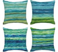 Hopomoon Teal Cushion Covers Set of 4,Blue Green Gradient Watercolor Abstract Striped Paint Wave Throw Pillow Covers for Sofa Couch Bed Living Room Outdoor Decor,45 X 45 cm