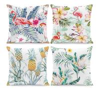 Hopomoon Tropical Cushion Covers 45 x 45 cm Set of 4,Summer Green Palm Leaf Flamingo Pineapple Decorative Pillow Cases Modern Coastal Beach Soft Velvet Cushion Covers for Sofa Couch Patio