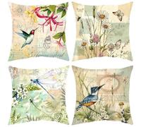 Hopomoon Vintage Botanical Cushion Covers 45x45cm Set of 4,Spring Summer Garden Hummingbird Kingfisher Dragonfly Floral Thickened White Linen Decorative Throw Pillow Cases for Sofa Living Room Patio