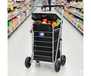 Hoppa Lightweight Shopping Trolley, Folding Push Pull Cart, 75.6L Capacity, 95Cm, Black Polyester, Four Wheel Design, Single