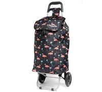 Hoppa Shopping Trolley on Wheels 57L Flamingo Print | Foldable Shopping Cart with Lightweight Frame, Secure Lid & Rear Pocket | Pull Along Trolley for Supermarket & Daily Use | Collapsible Carrier