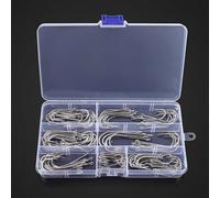 Hoppipola 120pcs Assorted Double Barb Offset Hooks Long Shank High Carbon Steel Sea Fishing Tackle Sizes 1-6/0 Ringed Eye for Saltwater Bottom Live Bait Rigging Surf Casting Silver