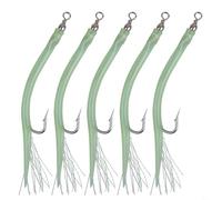 Hoppipola 5Pcs Holographic Eel Tube Jig Baits, Offset Shank Barbed Hooks for Cod Fishing, Silicone Lures with Feathers(green10)