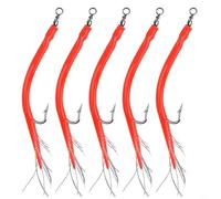 Hoppipola 5Pcs Holographic Eel Tube Jig Baits, Offset Shank Barbed Hooks for Cod Fishing, Silicone Lures with Feathers(red 6)