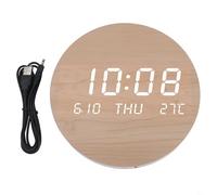 Hoppipola for Large Silent LED Wall Clock Showing Time Date Temp, 12/24H Digital Display Home Office, Elegant Wooden for Round Design, USB Charge