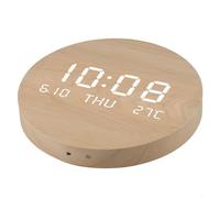 Hoppipola for Large Silent LED Wall Clock Showing Time Date Temp, 12/24H Digital Display Home Office, Elegant Wooden for Round Design, USB Charge