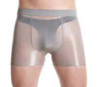Hoppipola Men's Oil Shiny See-Through Underwear, High Glossy Nylon Boxer Briefs Elastic Shorts for L-XL(XL Gray)