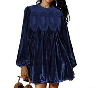 Hoppipola Women's Velvet Dress Long Sleeve Round Neck Loose Lace Women for | For velvet look, long sleeves, loose fit, round neck, elegant lace decoration