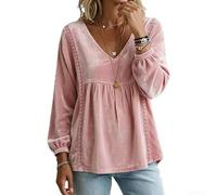 Hoppipola Women's Velvet Long Sleeve Shirt V-Neck Lace Loose Women's for | Soft velvet fabric, elegant V-neck, delicate lace trims, loose cut, for spring and autumn