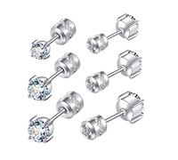 Hopply 3 Pairs Hypoallergenic Titanium Earrings for Sensitive Ears,Screw Back Surgical Stainless Steel 5A Cubic Zirconia Piercing Sleeper Stud Earrings (3 Pairs CZ White/345mm)