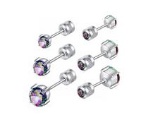 Hopply 3 Pairs Hypoallergenic Titanium Earrings for Sensitive Ears,Screw Back Surgical Stainless Steel 5A Cubic Zirconia Piercing Sleeper Stud Earrings (3 Pairs Rainbow CZ/345mm)