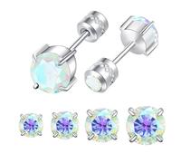 Hopply 4 Pairs Stud Earrings Set for Women Mens,Hypoallergenic Screw Back Titanium Surgical Stainless Steel 5A Cubic Zirconia Double Side Earrings Piercing Sleeper Studs Jewelry, Titanium, Cubic