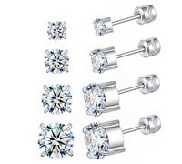 Hopply 4 Pairs Stud Earrings Set for Women Mens,Hypoallergenic Screw Back Titanium Surgical Stainless Steel 5A Cubic Zirconia Double Side Earrings Piercing Sleeper Studs Jewelry, 3mm4mm5mm6mm
