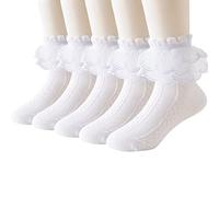 Hopply 5Pairs of Ruffle Pageant Frilly Socks for Toddler Girls Baby White Lace Ankle Dress Socks Summer Mesh Women Sock, 5pairs-white, 7-9 Years