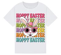 Hoppy Easter Bunny T-Shirt - Cute Rabbit Face with Floral Sunglasses & Hat - Colorful Spring Easter Outfit for Kids, Girls, Boys, Men & Women - Fun Family Matching Easter Tee White