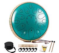 HOPWELL Steel Tongue Drum - 15 Note 12 Inch Tongue Drums - Percussion Instruments - Hand Pan Drum with Music Book, Drum Mallets and Carry Bag, D Major, Malachite Green