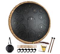 HOPWELL Steel Tongue Drum - 15 Note 14 Inch - Hang Drum Instrument - Hand Pan Drums with Music Book, Mallets and Carry Bag, D Major (Black)