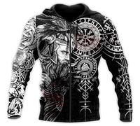 HOPWODE Norse Mythology Pullover Odin Hooded Sweatshirt 3D Print Zip Up Hoodie Viking Compass Jacket, Big Pocket Pullover Casual Punk Streetwear (Zip,L)