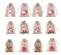 Hopzab 12 PCS Christmas Burlap Gift Bags Jute Drawstring Pouches with Rustic Linen Design and Christmas Pattern for Advent Calandar,Xmas Party Treat Decoration Supply