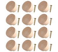 Hopzab 12 PCS Natural Wood Drawer Knobs, Round Cabinet Pulls, 35mm Diameter Unfinished Oak, Easy Install Furniture Accessories for Cupboards Wardrobes