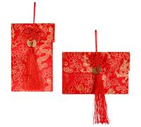 Hopzab 2 Pcs Chinese Silk Red Envelopes, Traditional Lucky Money Pockets for New Year, Wedding, Gift Giving, and Special Occasions, Elegant Satin Fabric, Chinese Elements Design(Copper Coin)