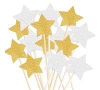 Hopzab 20 Pcs Star Cake Toppers for Birthday Cake, Wedding, Party Decorations, Gold and Silver Glitter Star Picks for Cupcake Toppers.