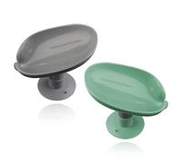 Hopzab 2PCS Leaf Shape Soap Dish Holder, Self-Draining Suction Cup Bathroom Kitchen Sink Accessory, Elegant Design with Water Diversion, Durable PP Material(Grey, Green)