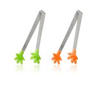 Hopzab 2PCS Mini Food Tongs, Stainless Steel Serving Utensils with Skid-Proof Silicone Tips, Ideal for Ice Cubes, Sugar, Appetisers, Party Kitchen Use, Orange and Green