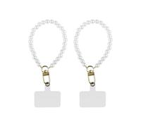 Hopzab 2PCS Pearl Phone Lanyard, White Bead Chain with Two Back Patch Straps, Universal Mobile Phone Strap, Necklace Pendant Accessory, Wrist Strap Attachment