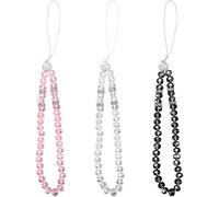 Hopzab 3 Pcs Crystal Bead Phone Lanyards Sparkling Phone Charm Hanging String Stylish Mobile Chain Beads Wrist Strap Anti-Lost Keychain for Girls Women-Black White Pink