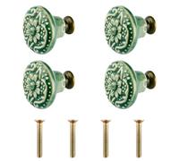 Hopzab 4 Pcs Vintage Ceramic Flower Cabinet Knobs, Decorative Drawer Handles with Mounting Screws for Cupboard, Closet, and Dresser, Green Embossed