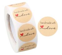 Hopzab 500 Pcs Handmade with Love Stickers 1 Roll,Cartoon Round Kraft Baking Stickers Self-Adhesive Labels for Homemade Gifts,Small Business Packaging, Birthday Wedding Bags
